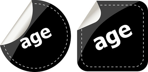 Image showing age word on black stickers button set, label