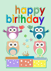 Image showing card with cute owl, birds and gift boxes - happy birthday