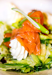 Image showing Smoked salmon with cream and salad