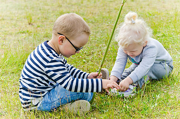 Image showing Boy and girl sit on the lawn and what you see in the grass