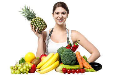 Image showing Beautiful young woman with fruits and vegetables