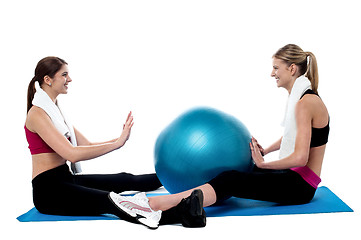 Image showing Fit women practicing an exercise with pilates ball