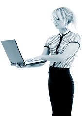 Image showing monochrome portrait or energetic businesswoman with laptop