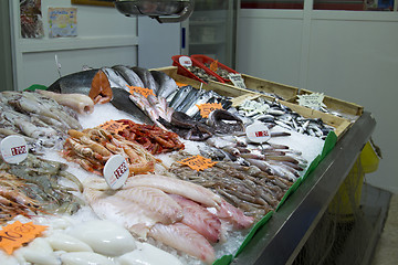 Image showing Fresh seafood fish krivetki, mussels on ice.