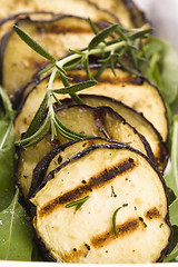 Image showing Grilled eggplant slices on a plate with fresh rosemary