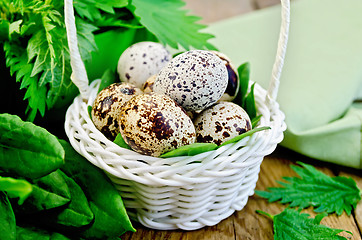 Image showing Eggs quail in a white basket with nettles and sorrel