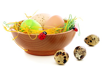 Image showing Colorful Easter eggs in wooden bowl.