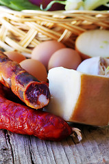 Image showing Cured meat pork and eggs on table