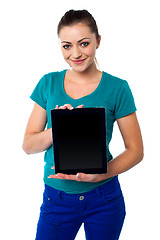 Image showing Cute model showing newly launched tablet pc