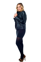 Image showing Attractive young female model in leather jacket