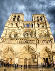 Image showing Beautiful view of Notre Dame Cathedral in Paris on a clody sprin