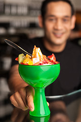 Image showing Fruit cocktail served in presentable glass bowl