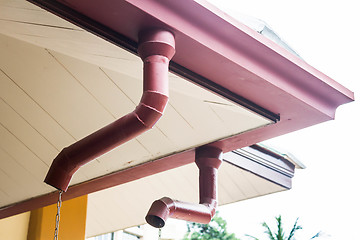 Image showing Corner of house with rain gutters on sky background 