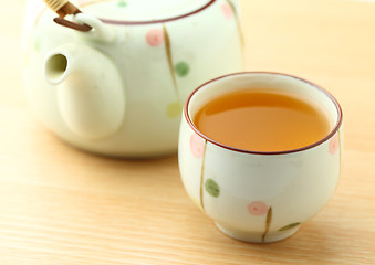 Image showing Cup of tea with teapot