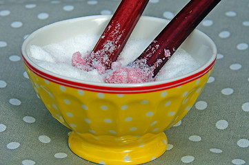 Image showing Rhubarb stems dipped in sugar