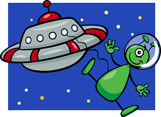 Image showing alien with ufo cartoon illustration