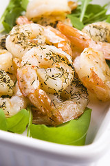 Image showing Fresh grilled shrimps on white plate