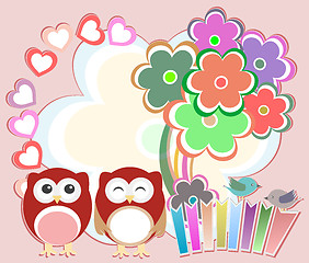 Image showing Background with cute owls, heart, flower and birds