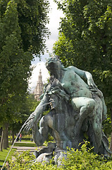 Image showing fountain sculpture Vienna Austria  park with museum in backgroun