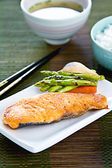 Image showing Grilled Salmon with Miso soup and rice