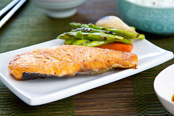 Image showing Grilled Salmon with Miso soup and rice