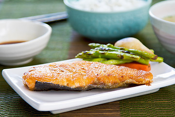 Image showing Grilled Salmon with Miso soup and rice