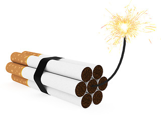 Image showing Dynamite composed of cigarettes with burning wick on white