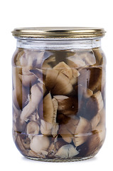 Image showing Glass jar with marinated paddy straw mushrooms