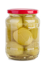 Image showing Glass jar with marinated green tomato