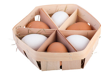 Image showing Thin wood egg box with six eggs