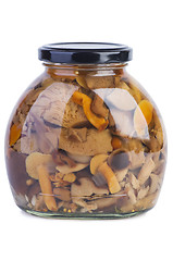 Image showing Glass jar with assorted marinated mushrooms