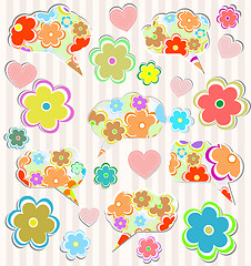 Image showing Abstract psychedelic flowers with hearts and flower on lined paper background