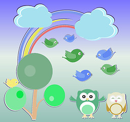 Image showing Background with owl, birds and trees