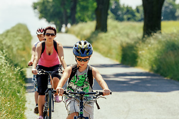 Image showing Mother with two sons on bicycle trip