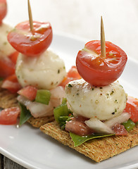Image showing Crackers With Mozzarella Cheese And Tomatoes