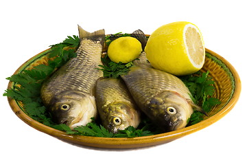 Image showing Three carp on ceramic dish , greens and lemon