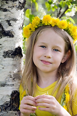 Image showing little blonde girl in dandelion wreath