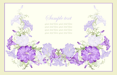 Image showing Greeting card with petunia . Beautiful decorative framework with