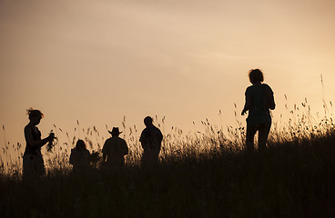 Image showing Silhouettes of People picking flowers during midsummer soltice 