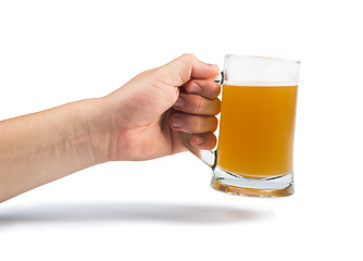 Image showing Hand holding bottle of beer and beer mug