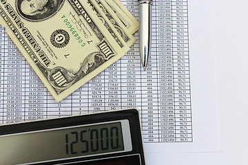 Image showing dollar banknotes, calculator and pen