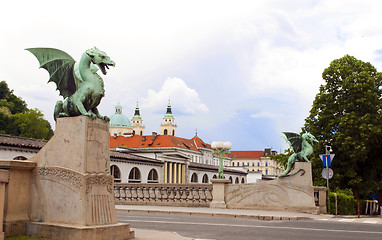 Image showing Dragon Bridge view  Cathedral Saint Nicholas on Ljubljanica Rive