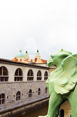 Image showing Dragon Bridge view  Cathedral Saint Nicholas on Ljubljanica Rive