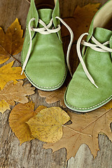 Image showing pair of green leather boots and yellow leaves 