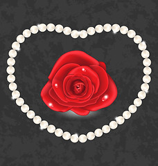 Image showing Red rose with heart made in pearl 