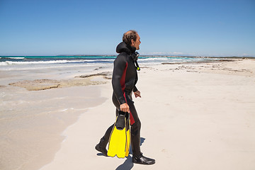 Image showing male diver with diving suit snorkel mask fins on the beach