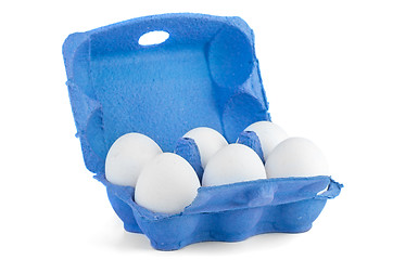 Image showing Box with six white eggs