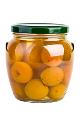 Image showing Glass jar with preserved apricots