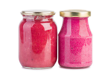 Image showing Glass jars with horseradish sauces