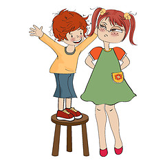 Image showing small boy perched on a chair with funny girl